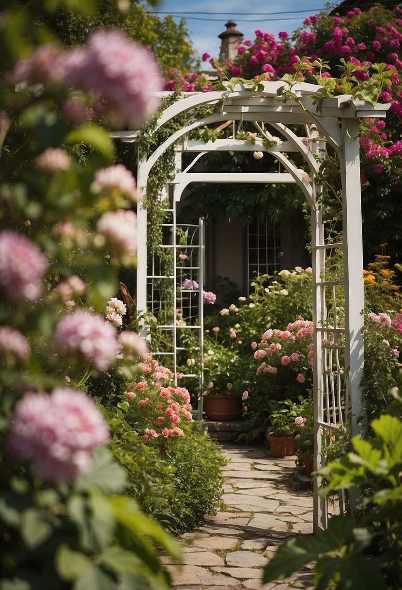 A garden trellis stands tall against the front of a house, surrounded by blooming flowers and lush greenery