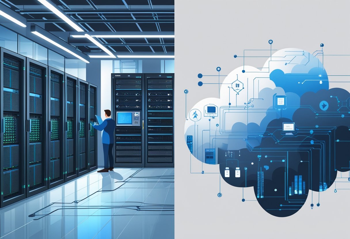 An illustration showing a comparison between a physical data center with servers and a digital cloud made of circuits and data streams, highlighting two types of IT infrastructure.