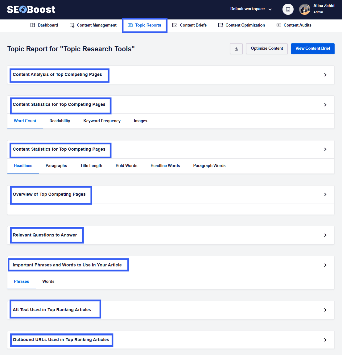 SEOBoost's Topic Reports Feature Showcasing 7 Reports Types