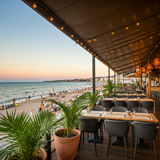 A modern restaurant with a terrace overlooking the beach.