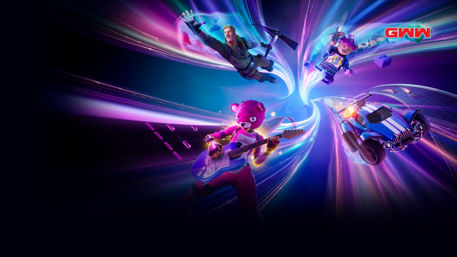 Fortnite characters soaring through colorful portals in a dynamic universe