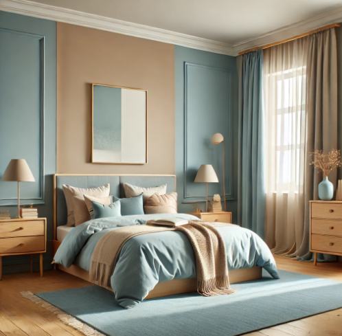 Calm bedroom design with blue and brown colors, reflecting a tranquil lakeside.
