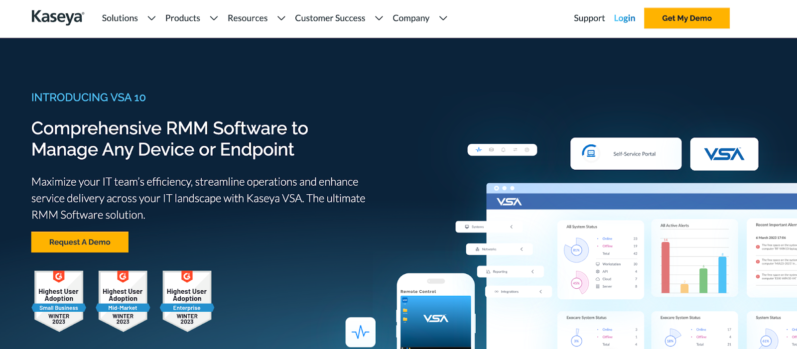 Kaseya Homepage picture. It says, "Comprehensive RMM Software to Manage Any Device or Endpoint."