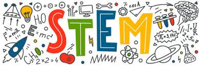 image of hand drawn science objects and equipment with text of STEM