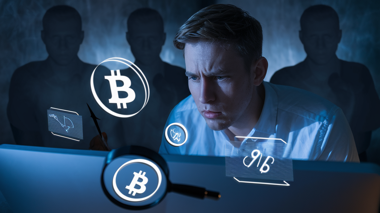 Create a realistic image of a concerned white male user looking at a computer screen displaying cryptocurrency symbols and digital wallets, with shadowy figures in the background representing potential threats to privacy, dim lighting to convey a sense of secrecy, and a magnifying glass hovering over the screen to symbolize scrutiny of transactions.