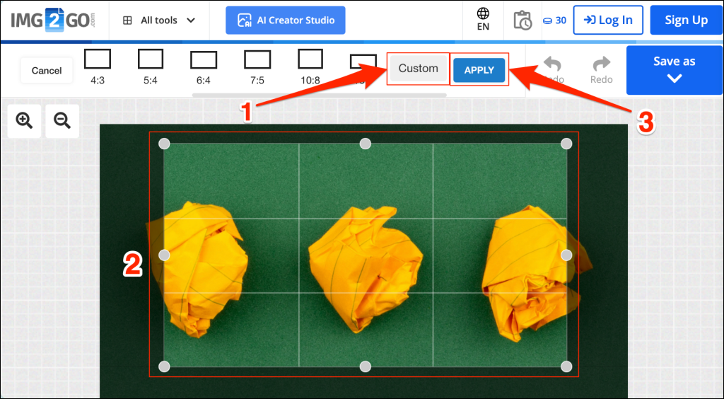 Steps to crop a screenshot using the IMG2GO online photo editor