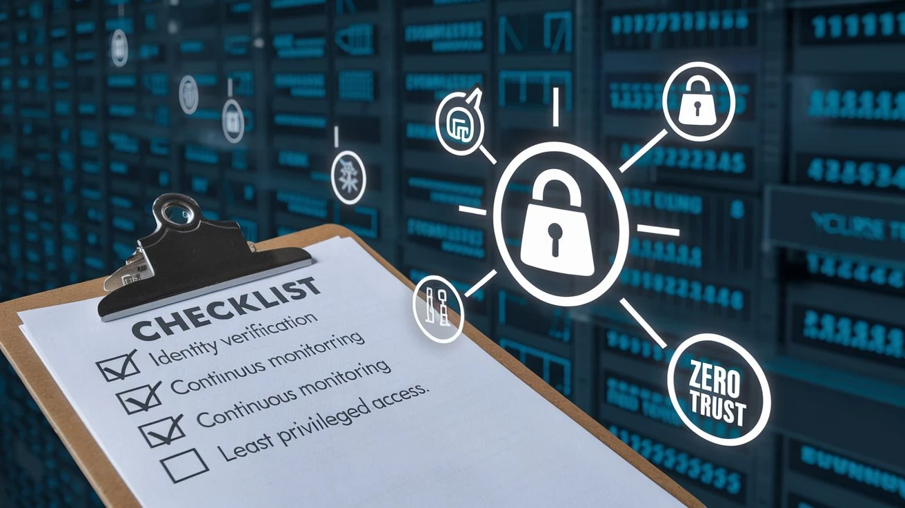 Best practices for Zero Trust adoption shown through a security checklist and network.