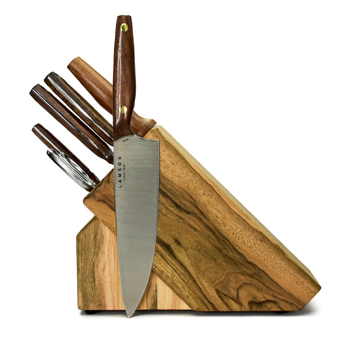 An image showing a beautiful set of Lamson knives in a wooden knife block.