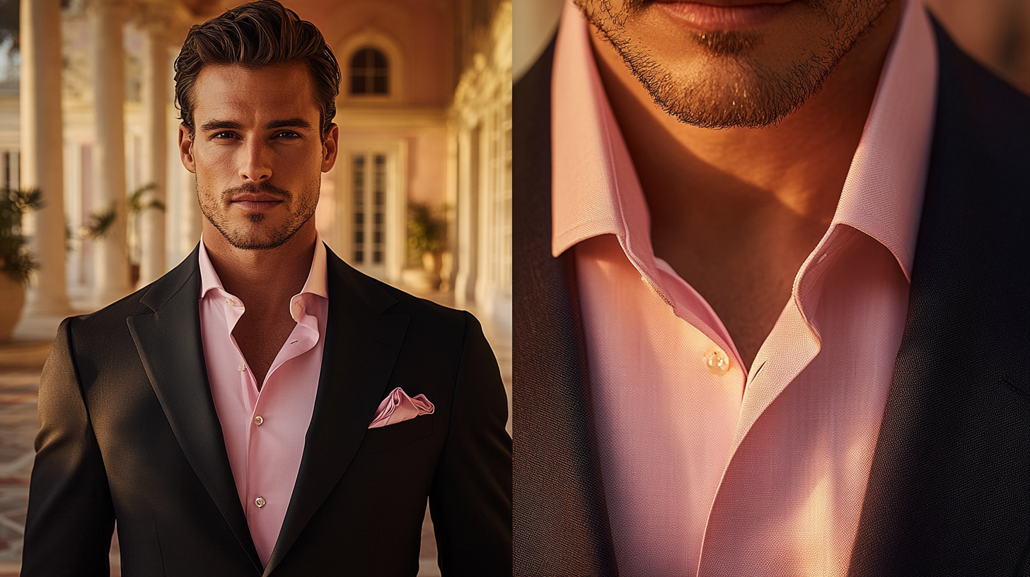 A split-screen image: On the left, A stylish man in a black suit with a pastel pink shirt. The background is an elegant outdoor garden setting at sunset, with pink and golden hues reflecting off a marble terrace. On the right, A close-up of the pink shirt’s soft, breathable fabric, with gentle folds, buttons, and collar perfectly tucked under the black suit. Warm tones, ultra-detailed, 8K resolution.