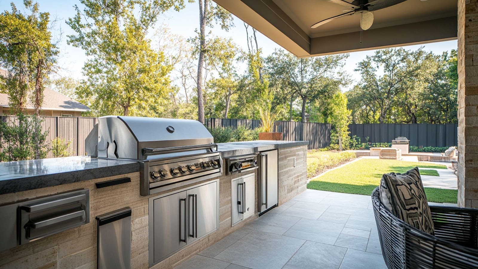 A barbecue grill and grill on a patio

AI-generated content may be incorrect.