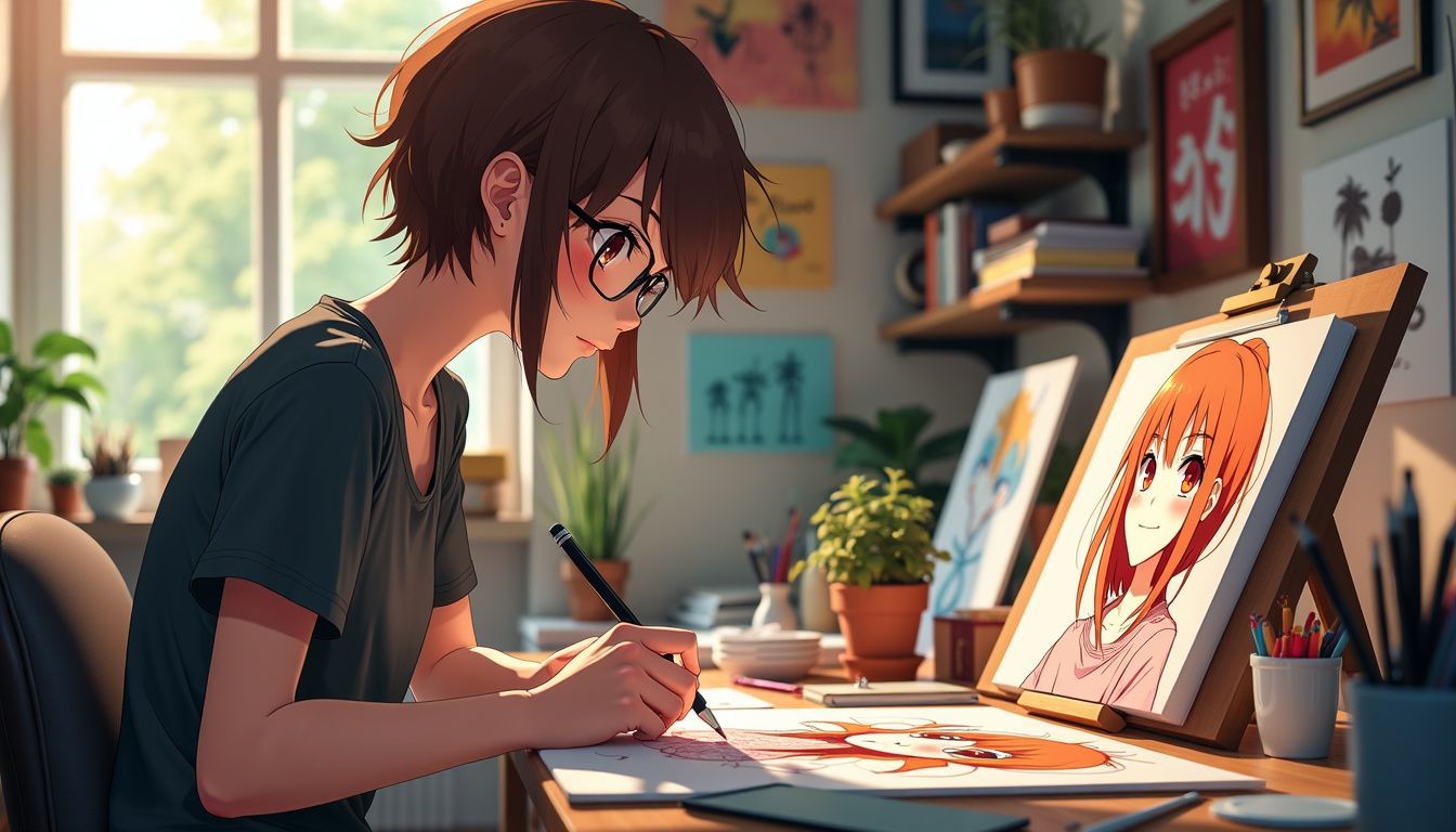 An anime artist creates dynamic character illustration in their cozy studio. An anime artist creates dynamic character illustration in their cozy studio.