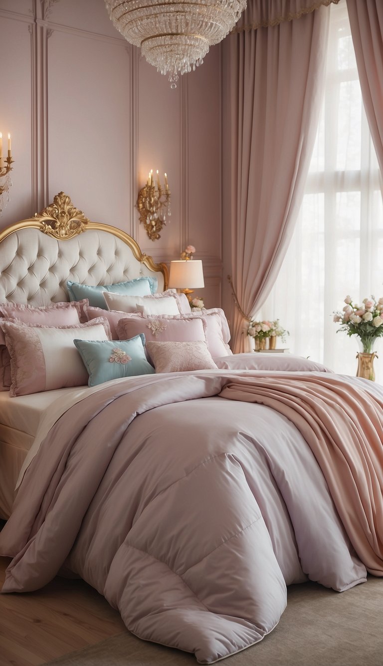 A luxurious royal bedding set adorns a princess-themed bedroom with elegant decor and soft pastel colors