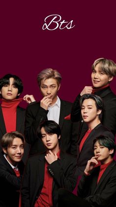 This contain an image of the members of bts  posing together for a group photo in front of a red background