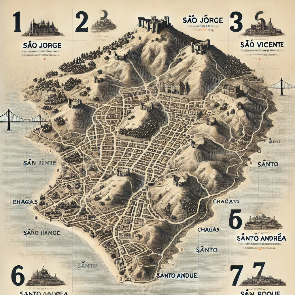 AI map in sephia of the seven hills of Lisbon