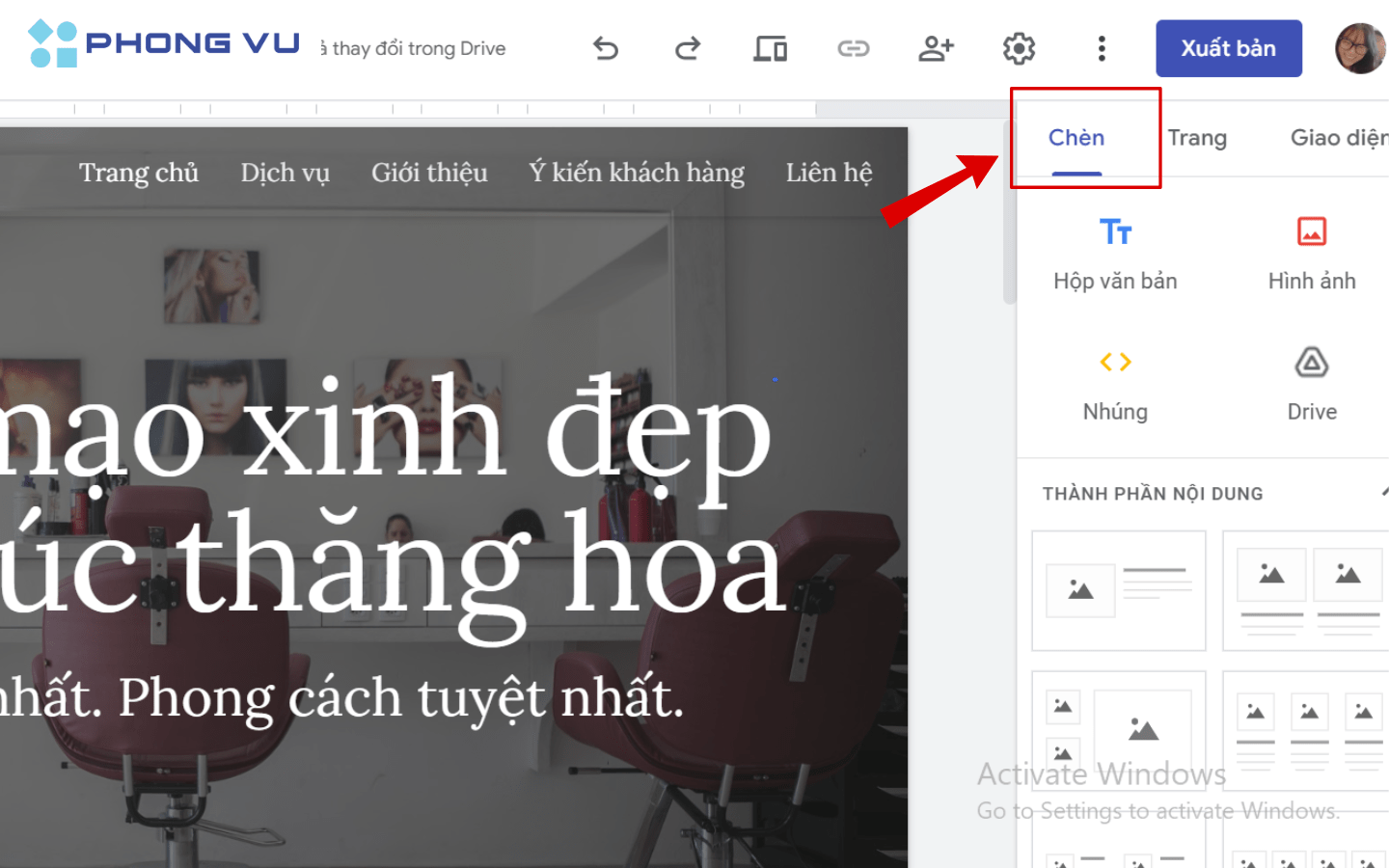 Ấn chuột vào "Chèn" để thêm các nội dung cho trang website
