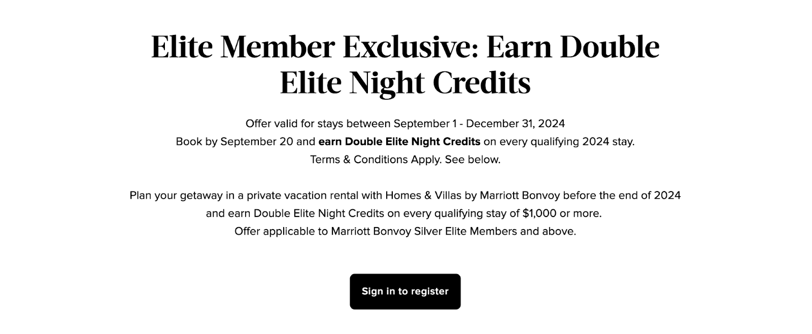 Earn Double Elite Night Credits at Homes & Villas by Marriott Bonvoy