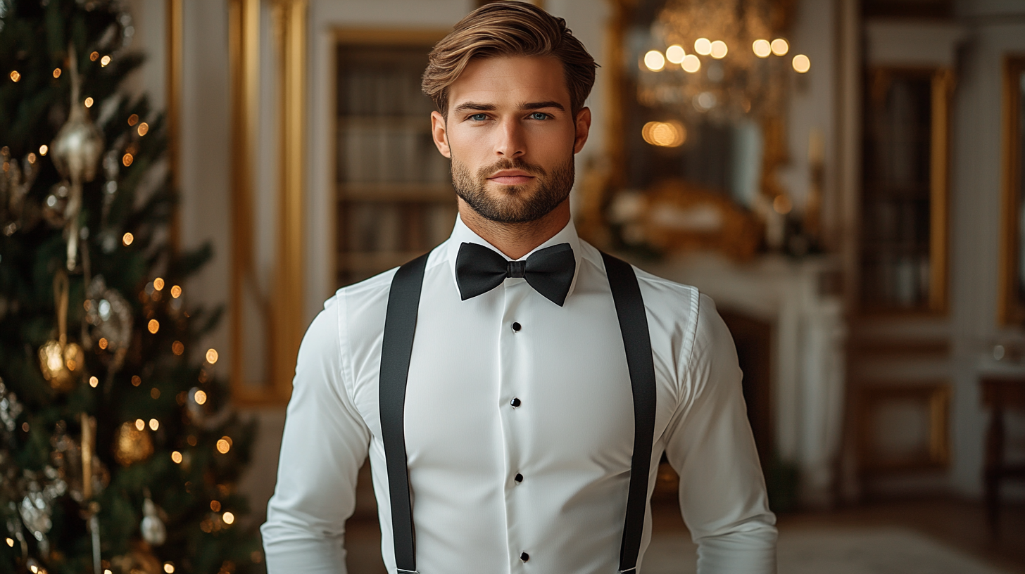 A groom in a sharp white tuxedo or suit, confidently wearing white or black suspenders that add an old-fashioned charm to his look. The suspenders perfectly complement the sleek white suit, ensuring a polished and stylish appearance. The groom’s refined look is enhanced by the suspenders, adding an extra layer of sophistication. The wedding venue, with its soft lighting and luxurious décor, highlights the groom’s timeless and elegant wedding ensemble