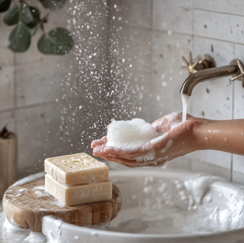 Body wash in the sink, foaming and ready to apply.