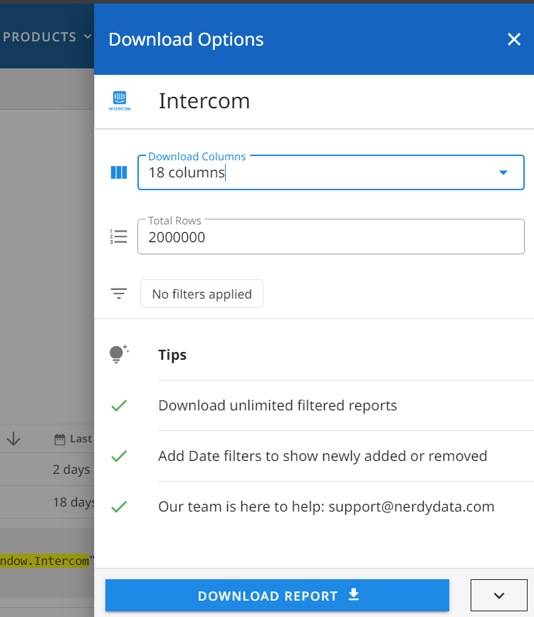 Custom report options in NerdyData