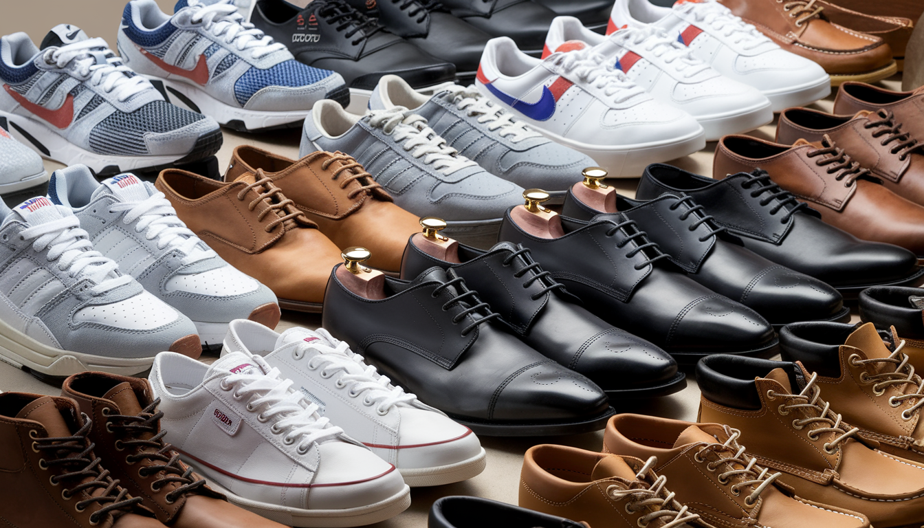 A diverse collection of men's large-sized footwear, including sneakers, boots, and socks, arranged stylishly on a neutral background.