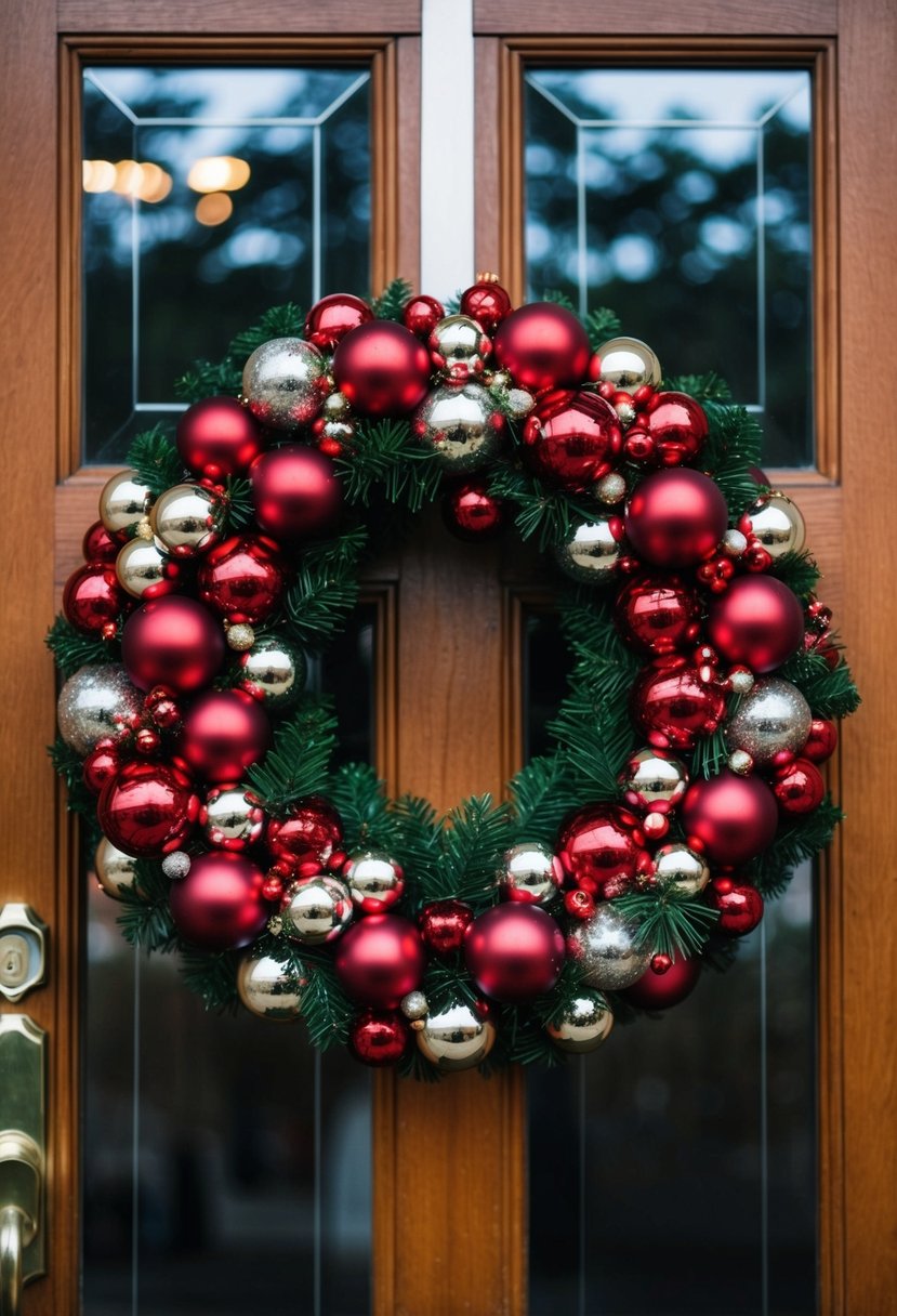 A classic red ornament wreath hanging on a wooden door