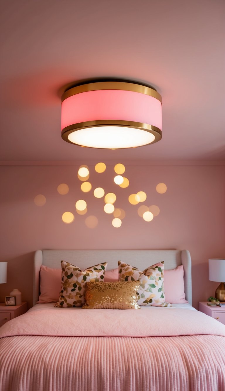 A pink and gold ceiling light illuminates a cozy pink bedroom, creating a warm and inviting atmosphere