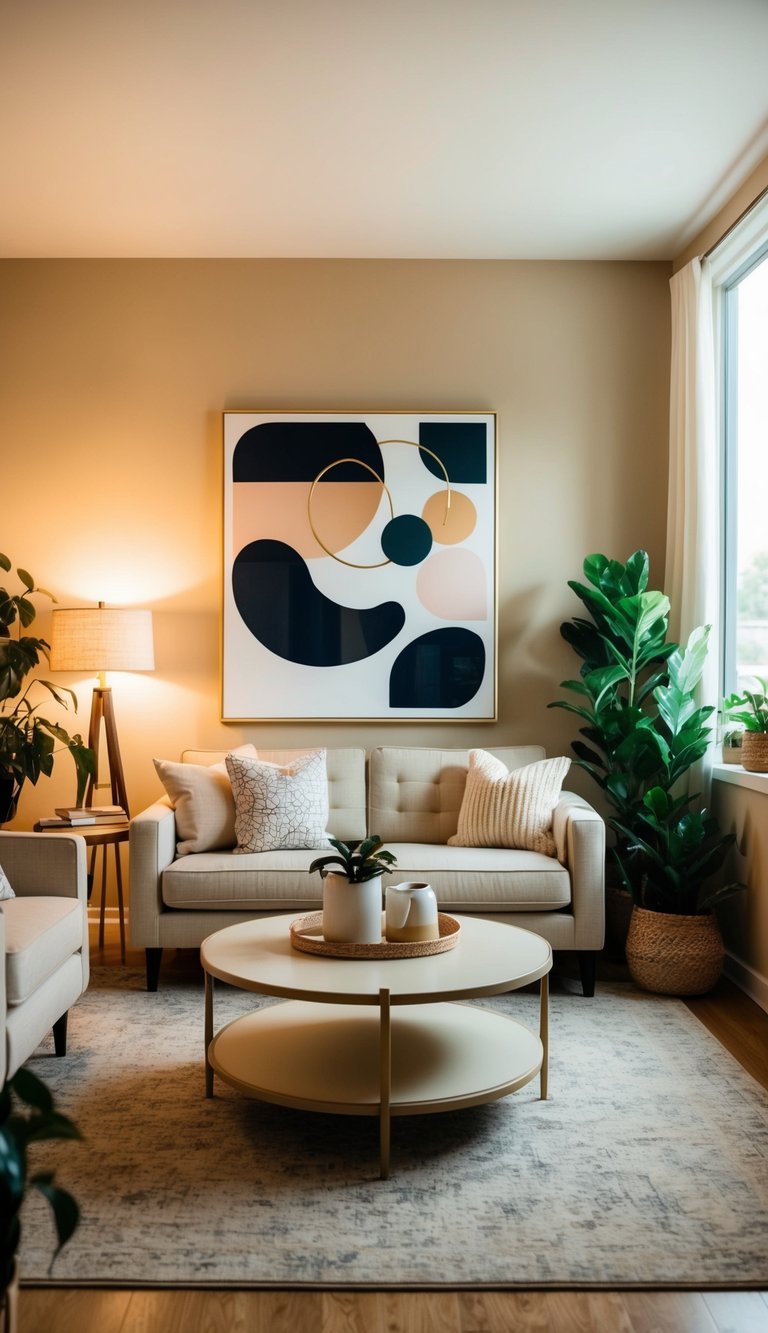 A cozy beige living room with modern furniture and abstract art on the wall. Warm lighting and plants add to the inviting atmosphere