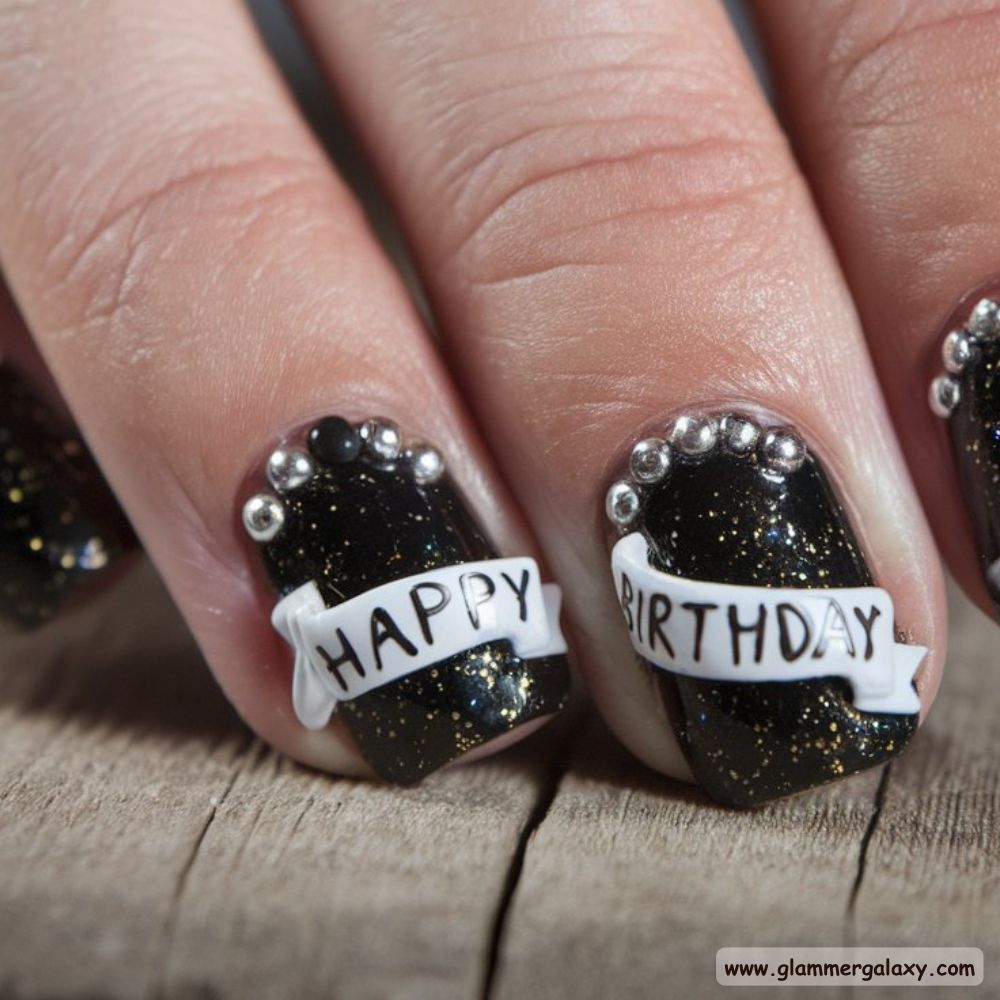 Birthday Nail Designs having Black Glitter Design Nails
