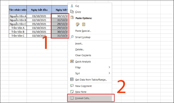 định dạng ngày tháng trong excel