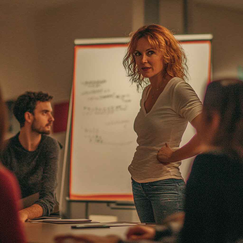 A dominant figure leading a meeting by pointing decisively at a whiteboard, illustrating a bold, results-driven “D” personality type in action.