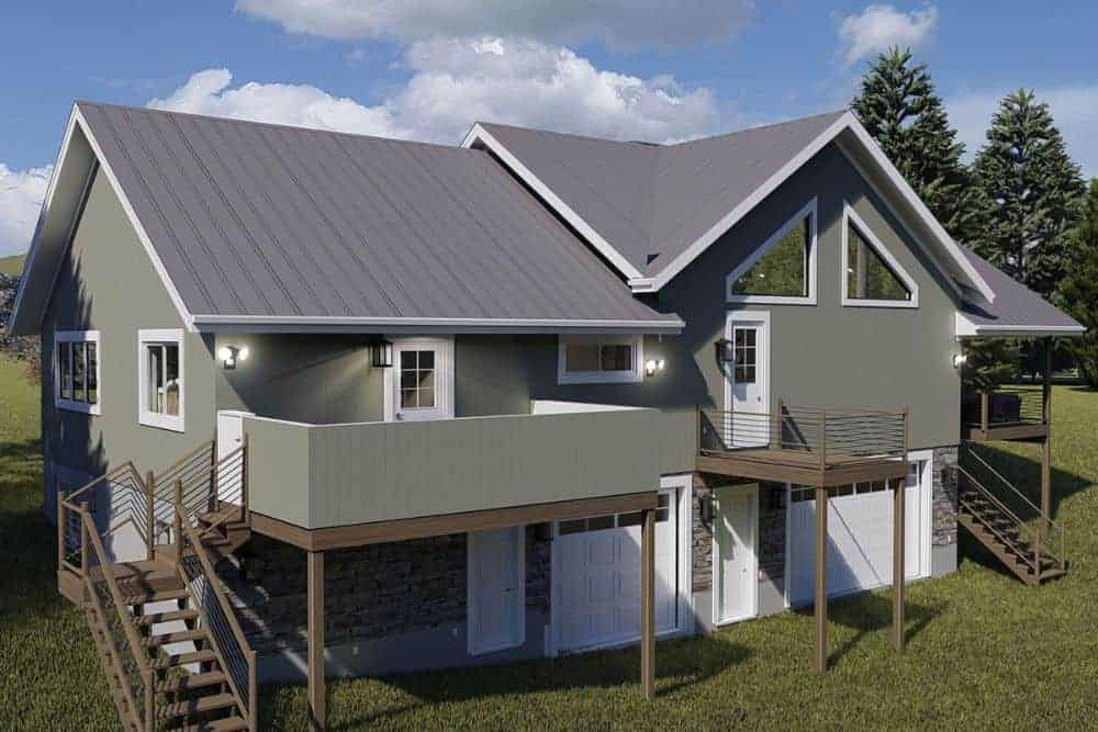 Rear-right rendering of the 3-bedroom single-story mountain ranch home.