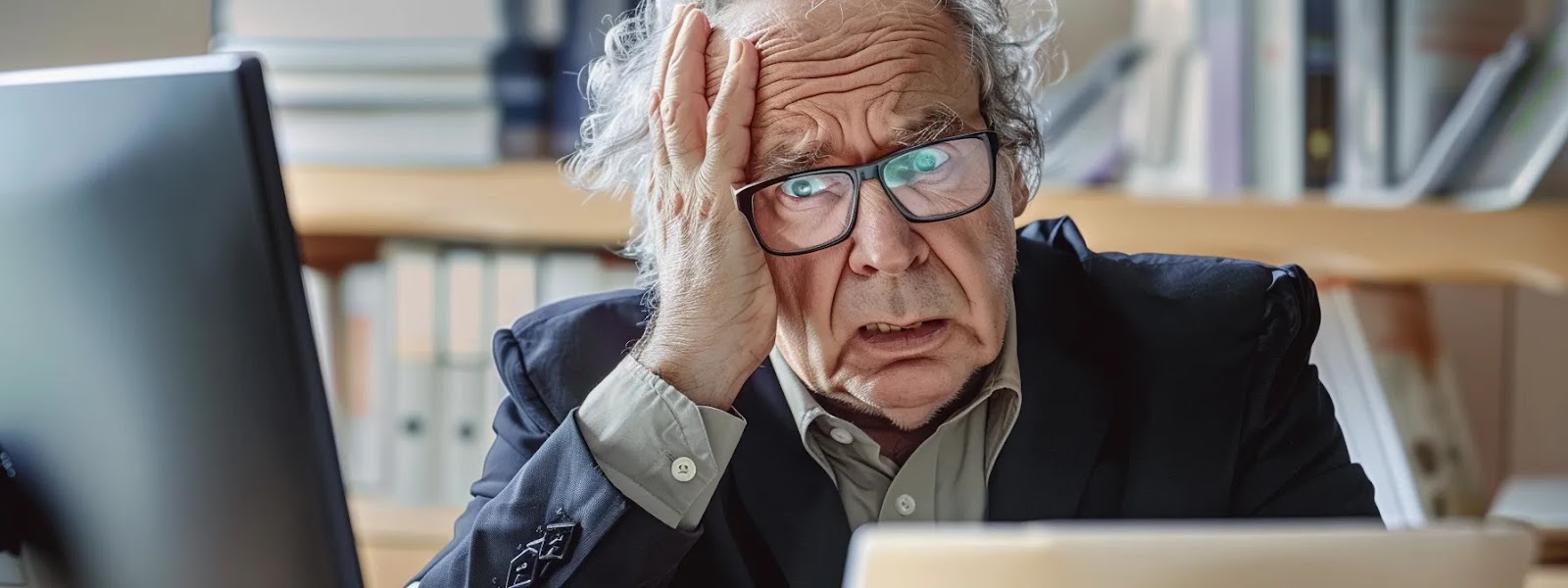 a frustrated business owner at their computer, reading a negative google review with a furrowed brow.