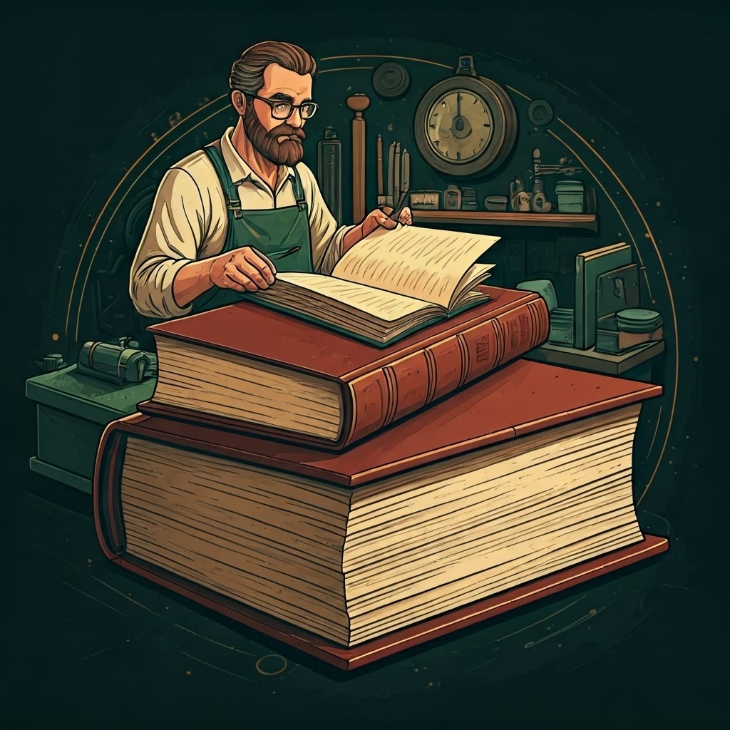 A digital illustration detailing the step-by-step process of binding a hardback book in a craftsman's studio.