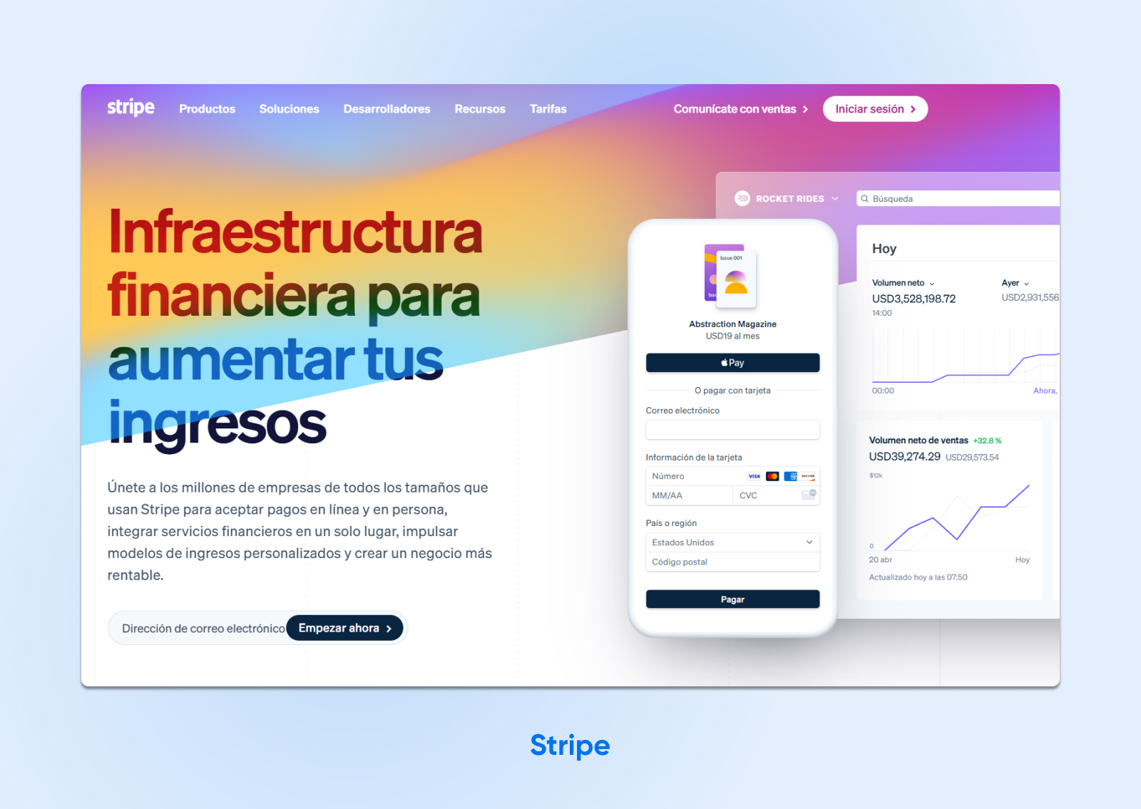 Pasarela de pago Stripe, página de inicio. Simulación de dos pantallas de celular teléfono con formulario de pago