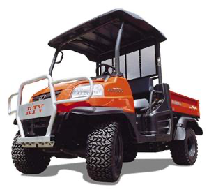 A parked Kubota RTV 900 against a blank background. 