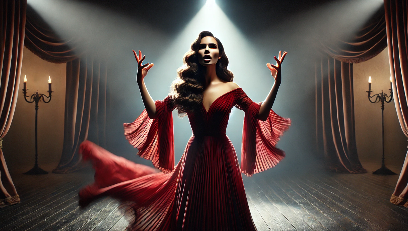 A dramatic scene of a woman in a flowing red gown standing on a dimly lit theater stage, arms raised expressively. Spotlights highlight her wavy hair and intense expression, while candlelit candelabras and rich velvet curtains frame the background, adding to the theatrical atmosphere.