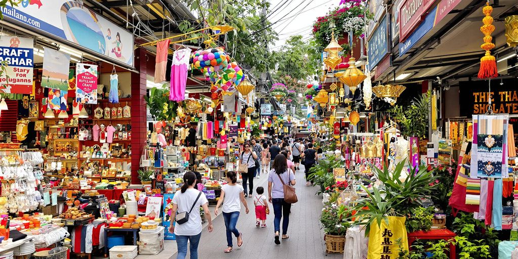 Colorful Thai market with stalls and shoppers.