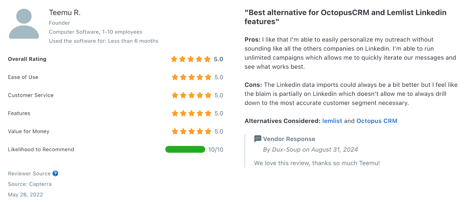 Positive customer review for Dux-Soup