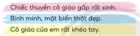 CHỦ ĐỀ 6: CÙNG EM SÁNG TẠOBÀI 3: BÀN TAY CÔ GIÁOKHỞI ĐỘNGTrao đổi với bạn về những công việc hằng ngày của thầy cô giáo lớp em theo gợi ý:Giải nhanh:Dạy họcChấm bàiSinh hoạt lớpKHÁM PHÁ VÀ LUYỆN TẬP1)Đọc và trả lời câu hỏi:Câu 1: Cô giáo đã tạo những gì từ những tờ giấy màu?Câu 2: Tìm từ ngữ cho thấy:a. Cô giáo tạo ra bức tranh rất nhanh và rất khéo.b. Những sản phẩm cô giáo làm ra rất đẹp.Câu 3: Em thích hình ảnh nào trong bức tranh của cô giáo? Vì sao?Câu 4: Bài thơ nói về điều gì?* Học thuộc lòng bốn khổ thơ cuối.Giải nhanh: Câu 1: Chiếc thuyềnMặt trờiMặt nướcCâu 2: Tìm từ ngữ cho thấy:a. Cô giáo tạo ra bức tranh rất nhanh và rất khéo.thoắt, mềm mại, rất nhanh, như phép mầu nhiệmb. Những sản phẩm cô giáo làm ra rất đẹp.chiếc thuyền xinh quámặt trời đã phômặt nước dập dềnhCâu 3: Em thích hình ảnh trong bức tranh của cô giáo:“Cô gấp cong congThoắt cái đã xong Chiếc thuyền xinh quá”=> Hình ảnh cho thấy cô giáo rất khéo tay và mọi sản phẩm được làm ra từ bàn tay cô rất khéo léo và tinh tếCâu 4: Bài thơ nói về cô giáo của em rất khéo tay.2) Đọc một bài văn về nghề nghiệp hoặc một sản phẩm sáng tạo em thích:a. Viết vào Phiếu đọc sách những nội dung em thích.Giải nhanh:Bố của em là một thợ mộc giỏi có tiếng trong làng. Ngày nào, bố cũng làm việc chăm chỉ từ sáng đến tối mịt. Có hôm bố còn làm đến tận khuya để kịp giao đồ cho khách. Bằng đôi bàn tay tài hoa và những chiếc đục, cưa, mài… bố biến những khúc gỗ thành các món đồ đẹp và tiện dụng. Mỗi khi làm việc, bố cởi trần, mồ hôi nhễ nhại, nhưng gương mặt thì luôn sáng rỡ và vui tươi. Em thương bố rất nhiều và thương luôn cả công việc của bố nữa. a. Viết vào Phiếu đọc sách những nội dung em thích.- Nghề nghiệp: Nghề thợ mộc- Đặc điểm: Rất vất vả, làm việc ngày đêm- Yêu cầu: Chăm chỉ, tỉ mỉ và khéo léob. Trao đổi với bạn về những điều đáng quý của nghề nghiệp hoặc đặc điểm em thích ở sản phẩm sáng tạo được nhắc đến trong bài văn.Nghề thợ mộc là nghề rất vất vả, đòi hỏi sự chăm chỉ, tỉ mỉ và khéo léo. Mình rất chân trọng những người làm nghề thợ mộc.1) Nhớ - viết: Bàn tay cô giáo (từ Một tờ giấy đỏ... đến hết)Giải nhanh: Học sinh tự viết2) Viết lại vào vở cho đúng các tên người nước ngoài.a. Lu-i thường rủ Véc-Xen đi câu cá.b. Ông Giô-dép dắt Lu-i đến gặp thầy rơ-nê.c. l-sắc niu-tơn (1642 - 1727) là một nhà khoa học vĩ đại người Anh.Giải nhanh: a. Lu - i, Véc - xenb. Giô-dép, Lu-i, Rơ-nê.c. l-sắc Niu-tơn3) Tìm chữ hoặc vần thích hợp với mỗi chỗ chấm:Giải nhanh:a. Chữ s hoặc chữ xCửa sổ - con mắt ngôi nhàMở ra nhìn khắp núi xa, sông dàiCho em ánh sáng học bàiĐón bao gió mát, đêm cài trăng sao.Theo Trần Hồng Thắngb. Vần âc hoặc vần ât và thêm dấu thanh (nếu cần)Bao nhiêu mặt trờiĐang còn say giấcĐậu trên dàn gấcGiữa vòm lá xanh Ban mai trong lànhGió lùa phảng phấtNắng vàng ươm mậtChim về reo ca...Theo Khuê Minh1) Đọc đoạn văn, tìm các cặp từ ngữ có nghĩa giống nhau.Bình theo bố mẹ vào Đồng Tháp. Không bao lâu, Bình nhanh chóng biết được vịt xiêm là con ngan, củ mì là củ sẵn, kẹo độu phộng là kẹo lạc, muối mè là muối vừng,...Yên ĐanGiải nhanh:vịt xiêm là con ngan.củ mì là củ sẵn.kẹo đậu phộng là kẹo lạc.muối mè là muối vừng.2) Tìm 1 - 2 từ ngữ có nghĩa giống với mỗi từ sau:Giải nhanh:Mẹ - mábố - balớn - tođẹp - xinh3) Đặt 1 - 2 câu có sử dụng từ ngữ ở bài tập 2.Giải nhanh:Lan có mái tóc thật đẹp.Bố em là bác sĩ.4) Tìm câu hỏi và từ ngữ dùng để hỏi có trong các đoạn văn sau:a. Thầy hỏi:- Con tên là gì?- Thưa thầy, con là Lu-i Pa-xtơ ạ!Theo Đức Hoàib. Em hỏi bố:- Sao con không được quàng khăn như các anh chị hả bố?Bố xoa đầu Nhị, âu yếm:- Nếu chăm ngon, lên lớp Ba, con sẽ được nhận phần thưởng đặc biệt này.Nguyễn Thị Bích NgọcGiải nhanh:a. Con tên là gì?b. Sao con không được quàng khăn như các anh chị hả bố?VẬN DỤNG