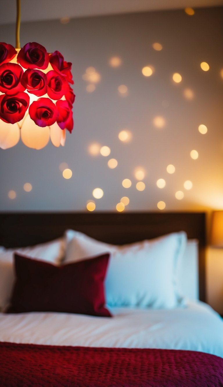 A cozy bedroom with a red rose petal lamp shade casting a warm glow on the decor