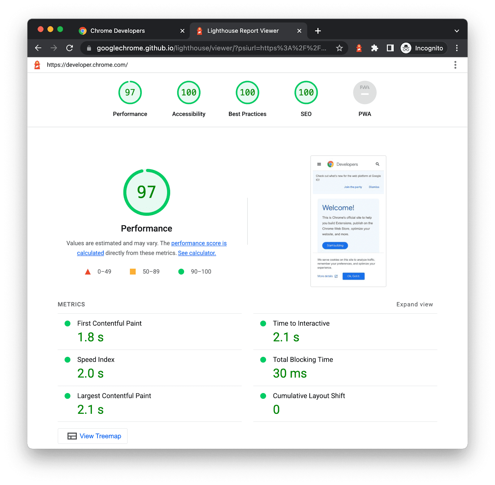 Screengrab of a lighthouse test showing high scores for performance, accessibility, best practices and SEO