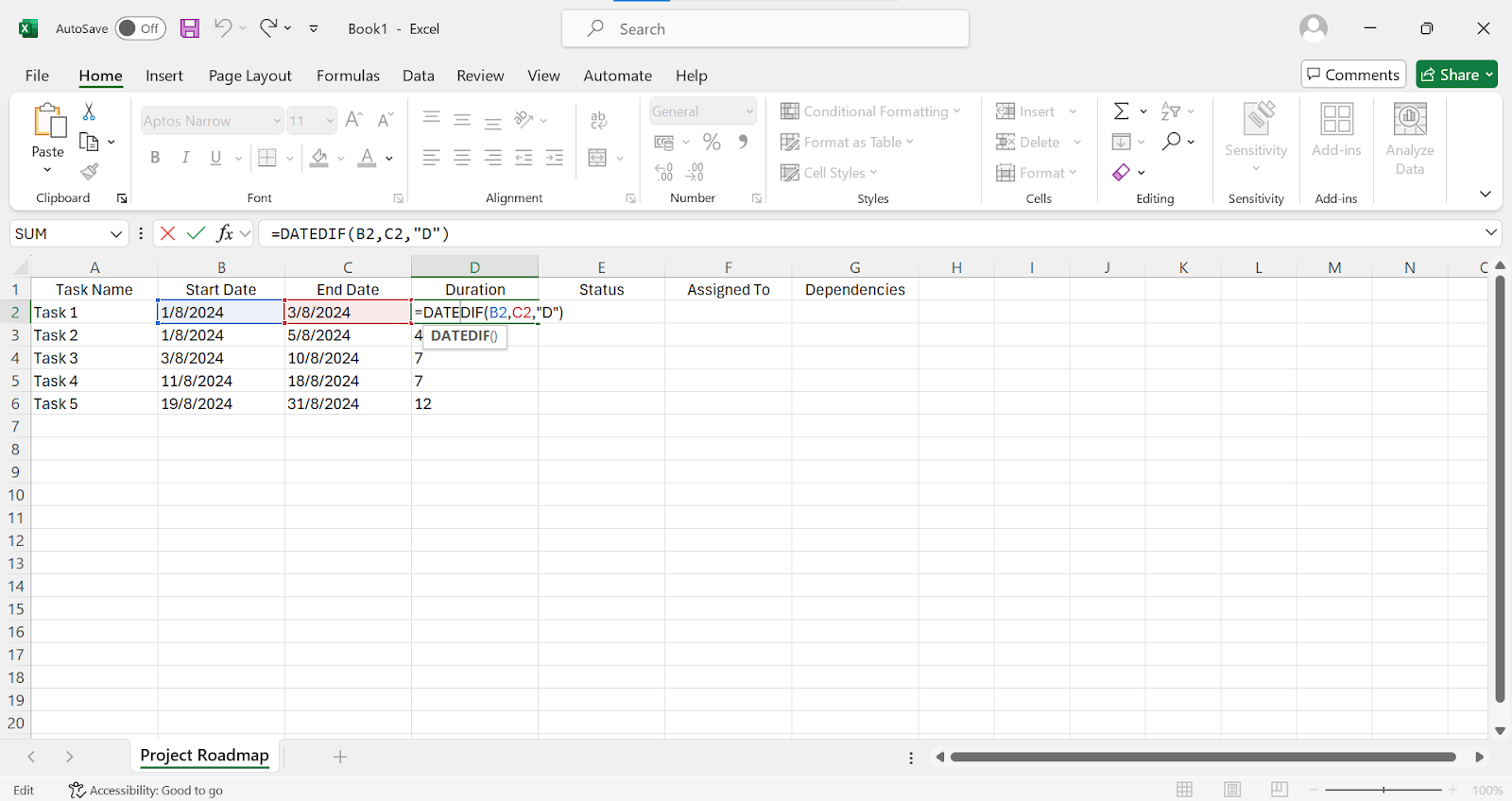 Calculating duration on Excel