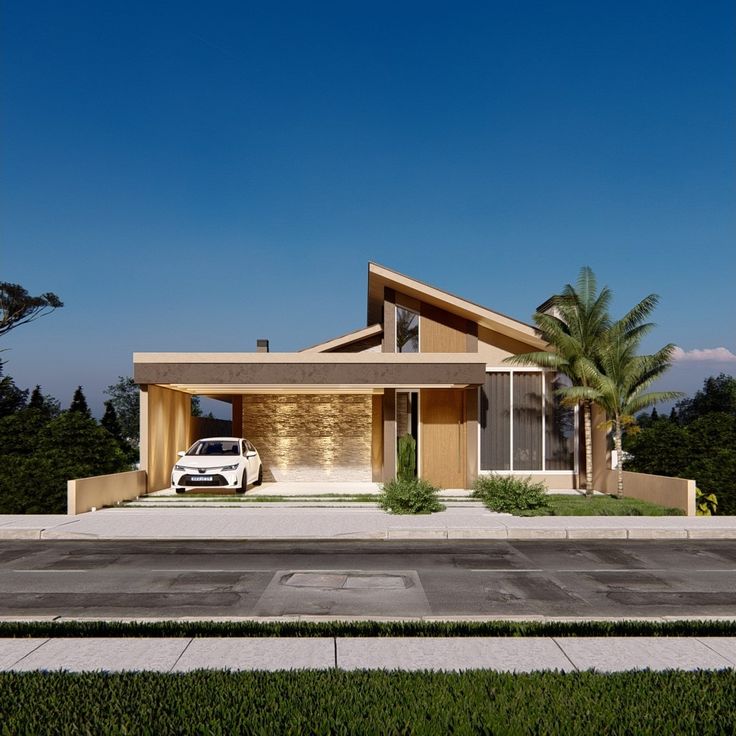 Ilustrasi rumah besar dengan kombinasi atap pelana dan datar, menciptakan tampilan arsitektur dinamis dan multi-fungsi.