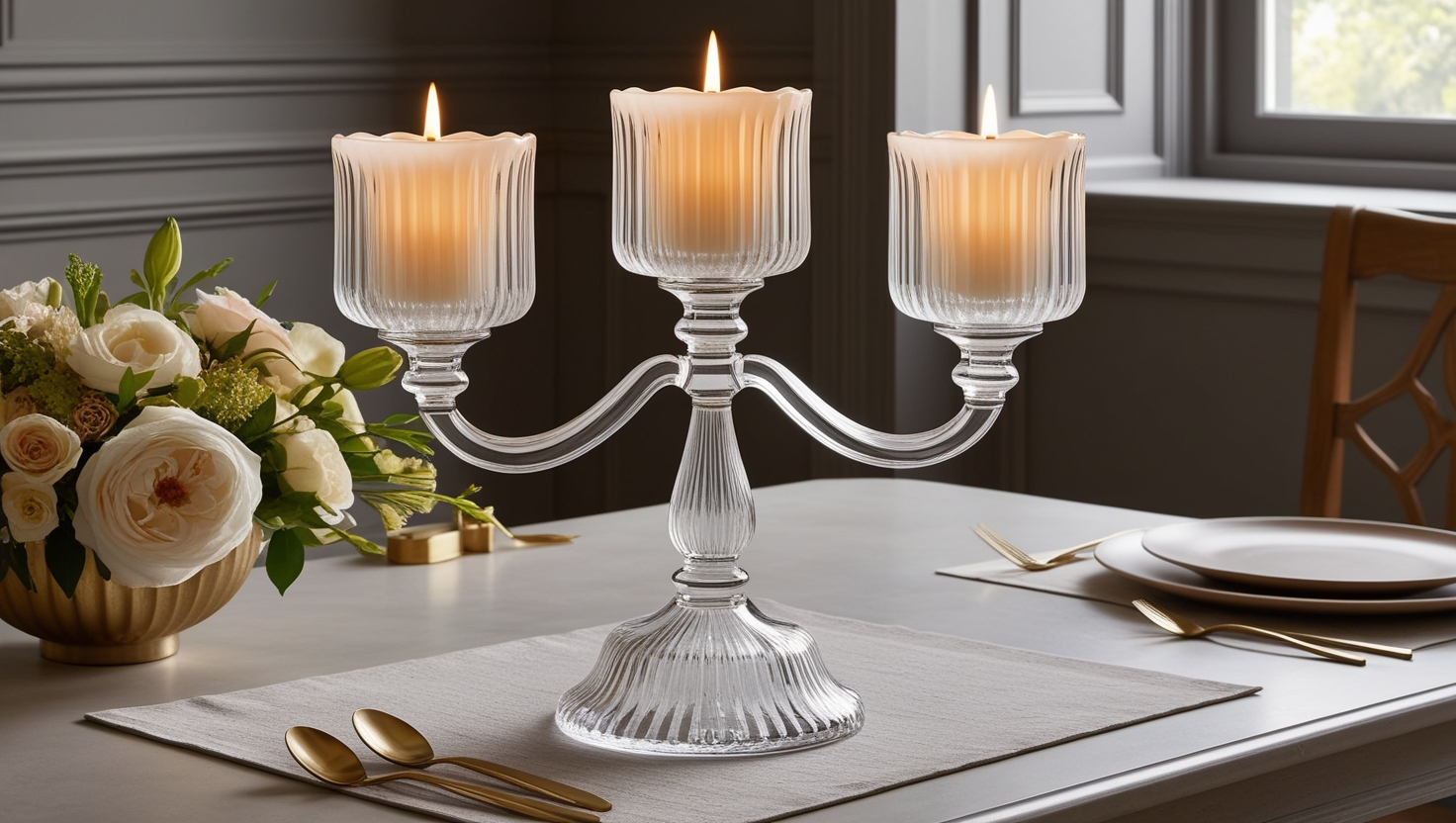 3 Arm Glass Decor Fluted Candle