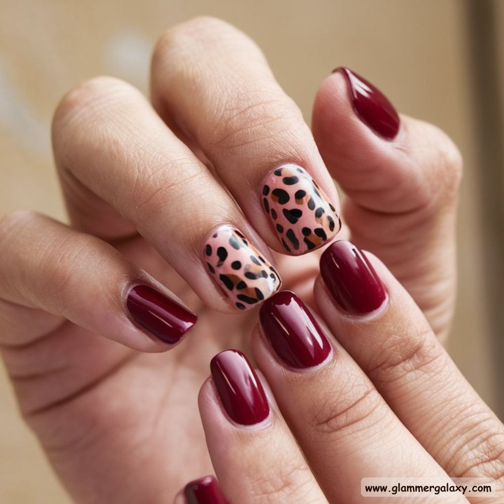 Burgundy fall Nails with Bold Leopard Print