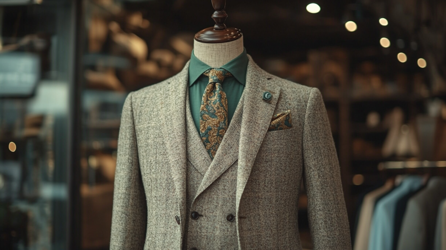 A mannequin wearing a light gray suit with a sage green shirt, creating an elegant and sophisticated look. The outfit is completed with a subtle tie, a refined pocket square, and classic tan dress shoes. The background features a stylish boutique with a modern, neutral-toned interior.