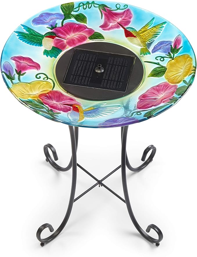 Smart Solar Hummingbird Birdbath with a hand-painted glass bowl and powder-coated stainless steel base, featuring a solar-powered fountain and hummingbird motif, perfect for attracting birds and adding elegance to your garden.