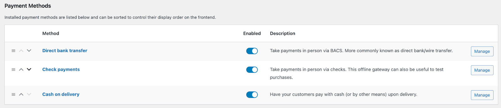 Woocommerce payment methods