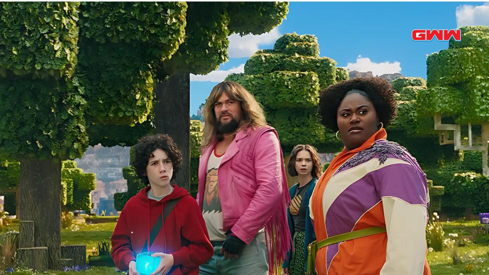 Jason Momoa, Danielle Brooks, Catherine Taber, and a boy in Minecraft-like landscape