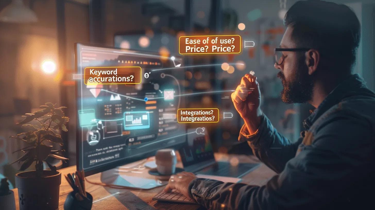 A marketer at a desk evaluating tool options on a screen, with floating question bubbles like “Ease of use?”, “Price?”, “Keyword accuracy?”, “Integrations?”